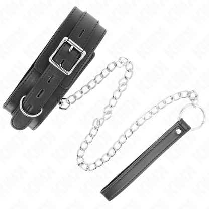 Collare con cintura KINK nero da 65 cm e cinturino da 54x4,5 cm, in pelle e metallo, per giochi BDSM e ruolo dominante.