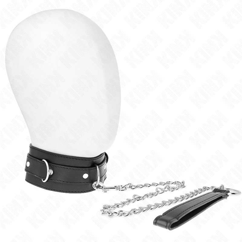 Collare con cintura KINK nero, lunghezza 65 cm e cinturino 54 x 4,5 cm, in pelle e metallo, per uso bondage e BDSM.