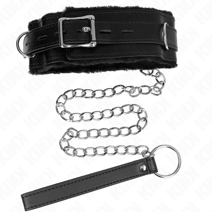 Collare con guinzaglio KINK nero da 65 cm, con restrizioni regolabili, per uso BDSM, mostrato in immagine.