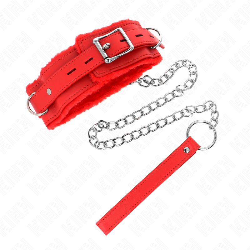 Collare con guinzaglio KINK in pelle rossa, lunghezza 65 cm, con restrizioni, misura 36-42 cm e larghezza 5,5 cm.
