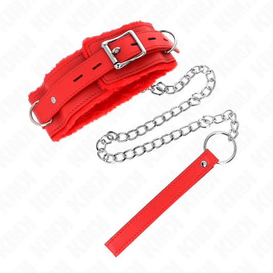 Collare con guinzaglio KINK in pelle rossa, lunghezza 65 cm, con restrizioni, misura 36-42 cm e larghezza 5,5 cm.