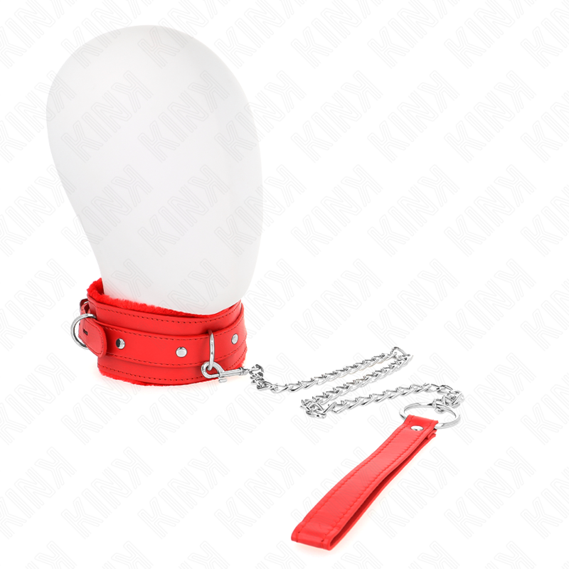Collare con guinzaglio KINK rosso, 65 cm, con restrizioni, per BDSM, mostrato in dettaglio, in pelle e metallo.