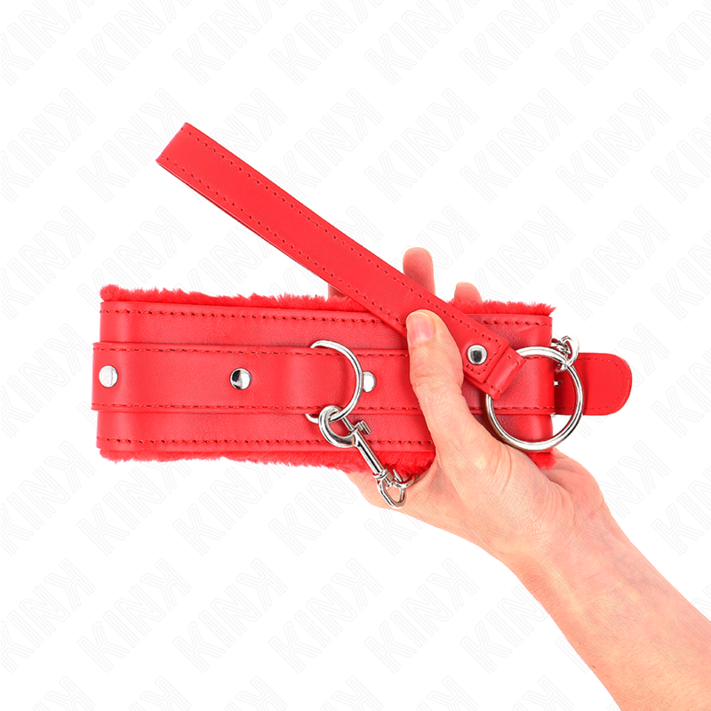 Collare con guinzaglio KINK rosso da 65 cm, con restrizioni regolabili, in pelle con dettagli in metallo, per pratiche BDSM.