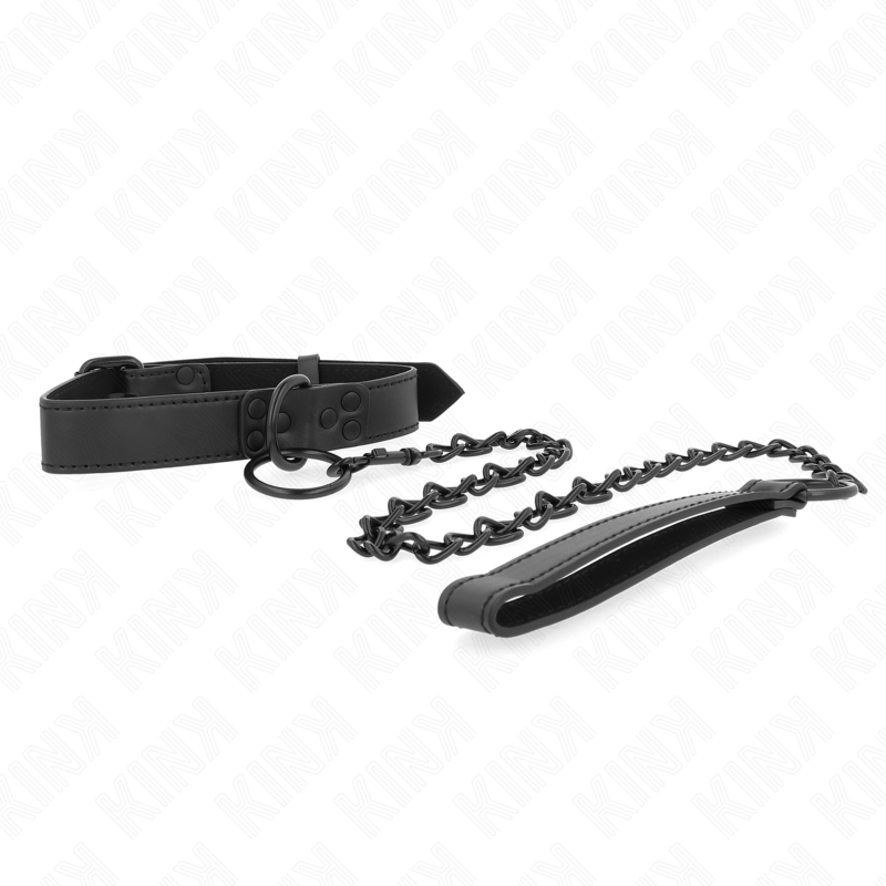 Collare con guinzaglio KINK in pelle scura, regolabile da 37 a 54 cm, larghezza di 3 cm, visibile in primo piano.