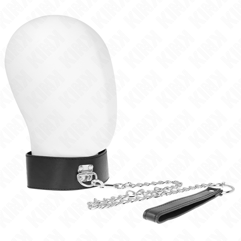 Collare modello base KINK con guinzaglio da 65 cm, cinturino nero in pelle, con dettagli metallici.