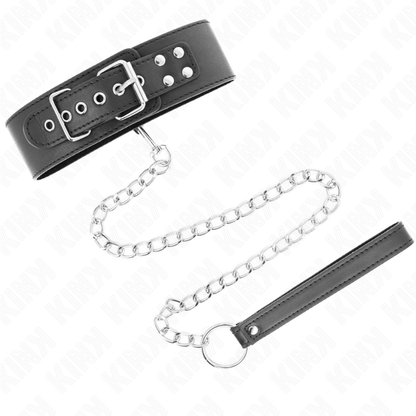 Collare base KINK con guinzaglio di 65 cm, in pelle nera, con fibbie e dettagli metallici, per uso BDSM e giochi di ruolo.