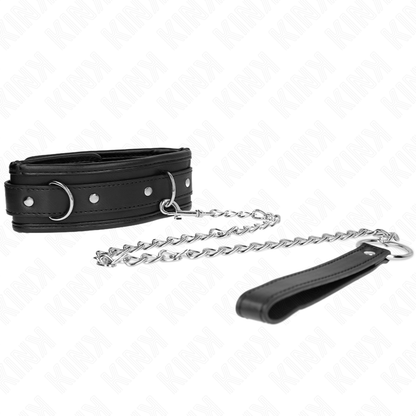 Collare KINK modello base con guinzaglio da 65 cm, cinturino in pelle nero, con fibbia e anello di metallo, visibile in dettaglio