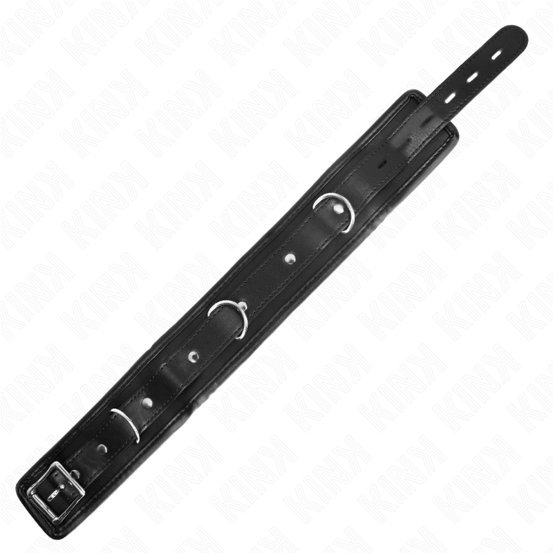 Collare KINK modello base con guinzaglio di 65 cm, in pelle nera, con dettagli regolabili e chiusura robusta.