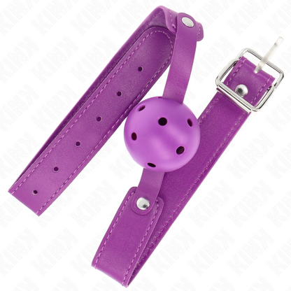 Palla traspirante viola KINK Collars & Gag, diametro 4.5 cm e lunghezza 65 x 2.5 cm, in tessuto morbido e resistente.
