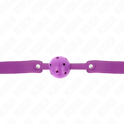 Palla traspirante viola KINK da 4.5 cm, con cinturino regolabile di 65 x 2,5 cm, accessorio per giochi BDSM.