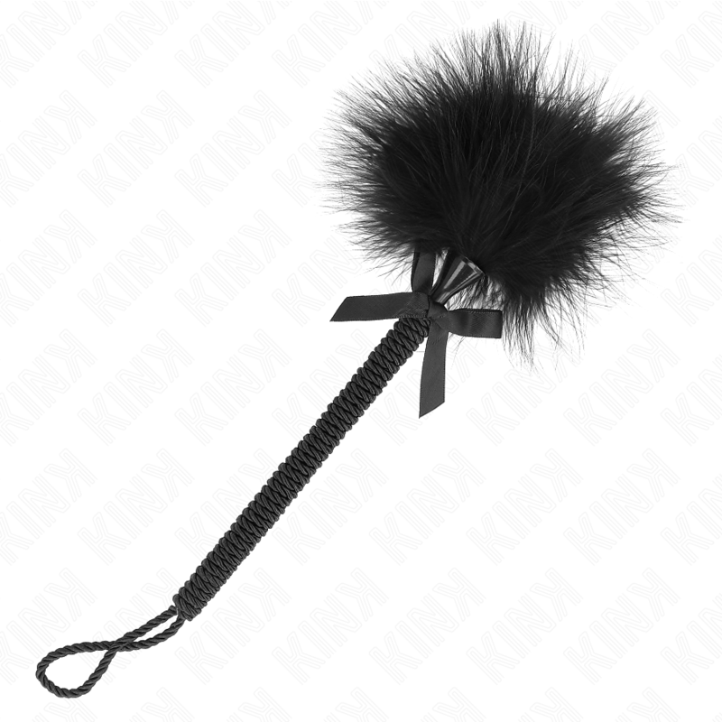 Bacchetta in corda di nylon KINK Impact & Touch con piume Tickle e fiocco nero, 25 cm, per giochi sensoriali e stimolanti.