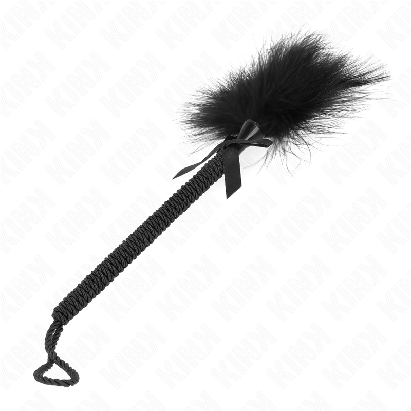 Bacchetta in corda di nylon con piume Tickle e fiocco nero, lunga 25 cm, marca KINK Impact & Touch, dettaglio in immagine