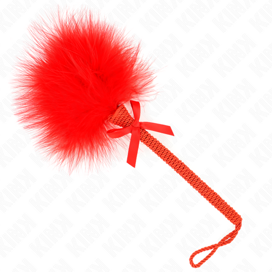 Bacchetta in corda di nylon con piume Tickle e fiocco rosso, 25 cm, marca KINK Impact & Touch, visibile in primo piano.