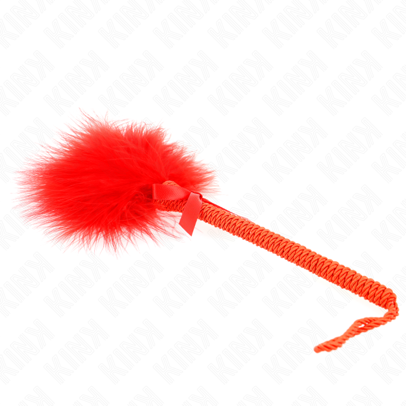 Bacchetta in corda di nylon KINK con piume Tickle e fiocco rosso, 25 cm, per giochi sensoriali e stimolazione.