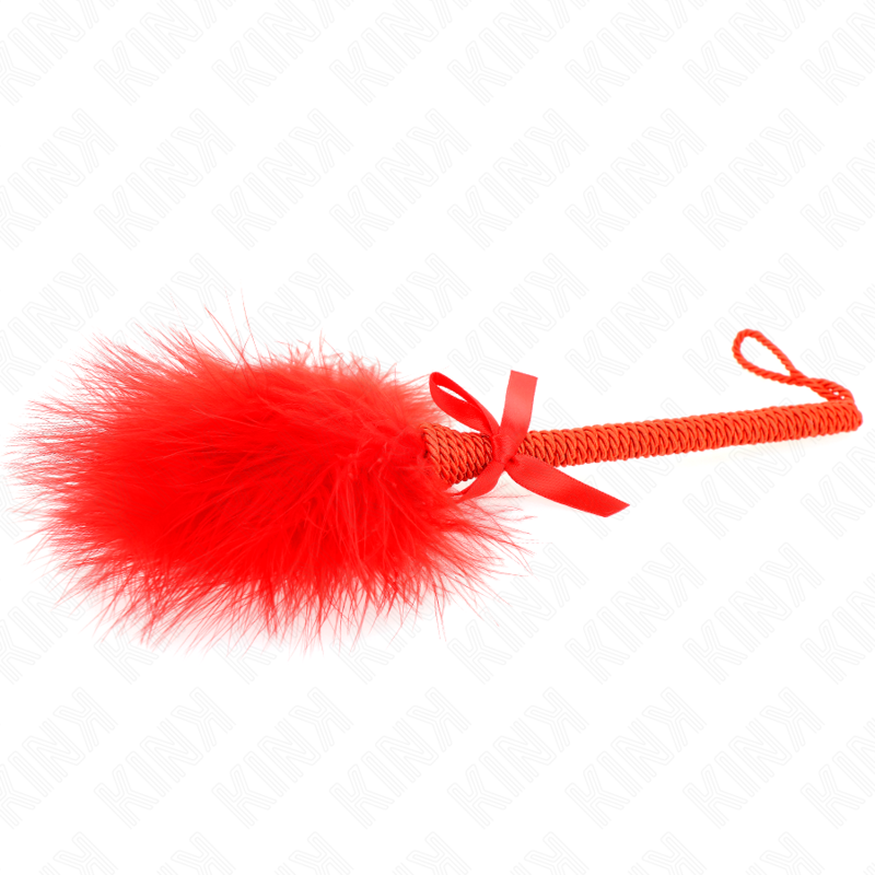 Bacchetta in corda di nylon KINK con piume Tickle e fiocco rosso, 25 cm, per giochi sensoriali e stimolanti.