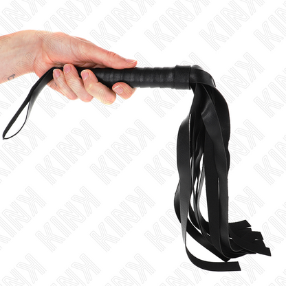 Frusta KINK Impact & Touch con coda larga nera da 48,5 cm, dettagli in pelle e manico resistente, utilizzo in giochi BDSM.
