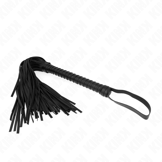 Frusta KINK con manico nero strutturato lunga 48,5 cm, in plastica resistente, ideale per giochi di ruolo e stimolazione sensoriale.