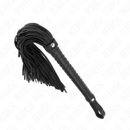 Frusta KINK con manico nero strutturato lunga 48,5 cm, in pelle resistente, ideale per giochi di ruolo e pratiche di BDSM.