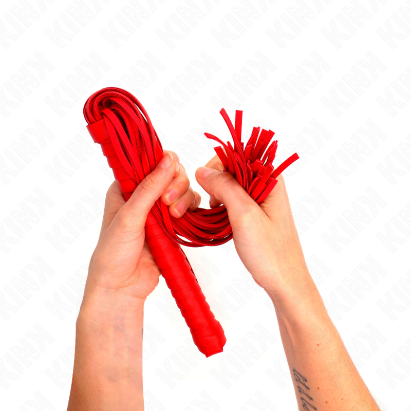 Frusta KINK con manico rosso strutturato, lunga 48,5 cm, in pelle resistente, marchio Impact & Touch, per giochi di ruolo e BDSM