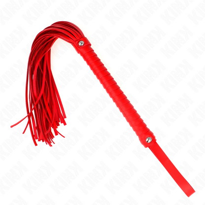 Frusta KINK con manico rosso strutturato lunga 48,5 cm, marca KINK IMPACT & TOUCH, dettagli del manico e superficie della frusta