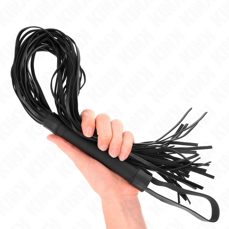 Frusta in pelle di pecora di 60 cm di marca KINK IMPACT & TOUCH, con impugnatura e dettagli in tessuto nero.