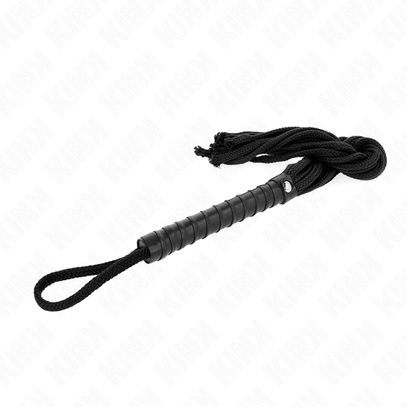 Frusta in corda nera KINK Impact & Touch, lunga 56 cm, con manico in pelle e corda resistente, ideale per giochi BDSM e sottomissione