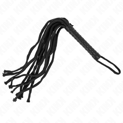 Frusta in corda nera KINK Impact & Touch lunga 56 cm, con impugnatura in pelle e corda elastica, su sfondo neutro.