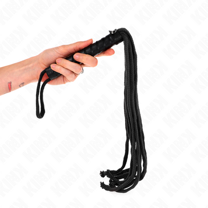 Frusta in corda nera KINK IMPACT & TOUCH, lunga 56 cm, con impugnatura e corda resistente, ideale per giochi di ruolo e sensoriali.