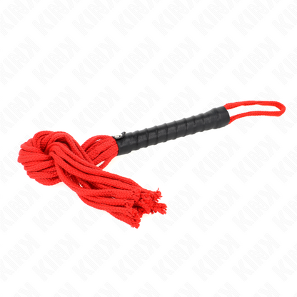Frusta in corda rossa KINK IMPACT & TOUCH, lunga 56 cm, con manico in pelle e corda resistente, per pratiche BDSM.