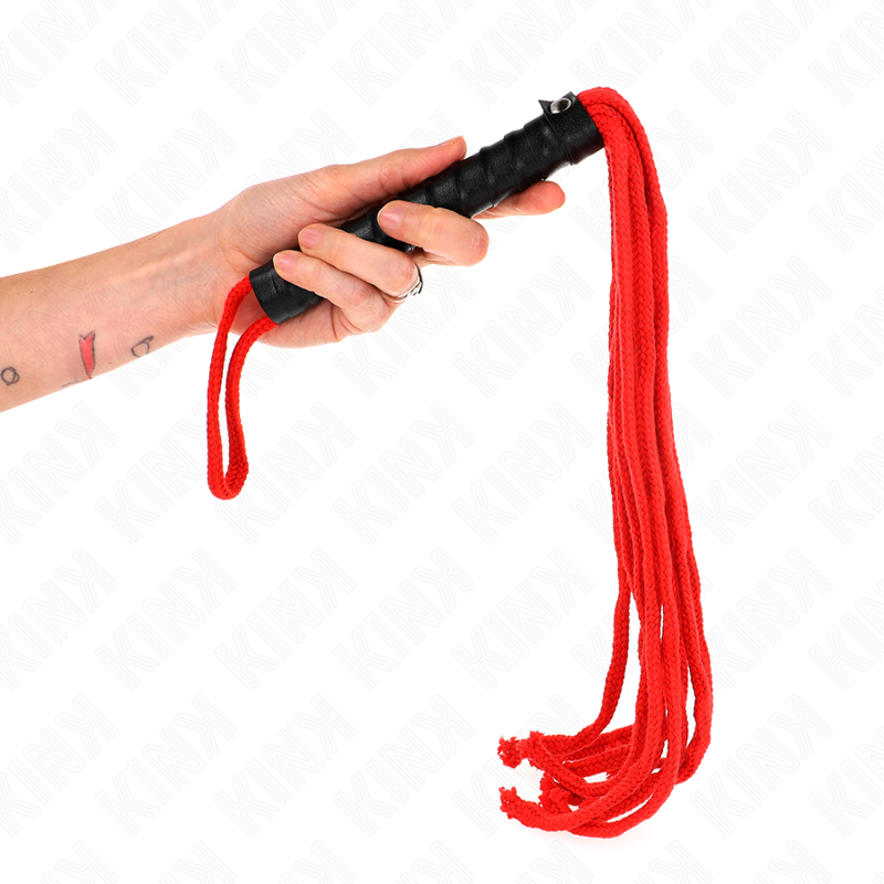 Frusta in corda rossa KINK Impact & Touch, lunga 56 cm, con manico ergonomico e corda resistente per giochi BDSM.