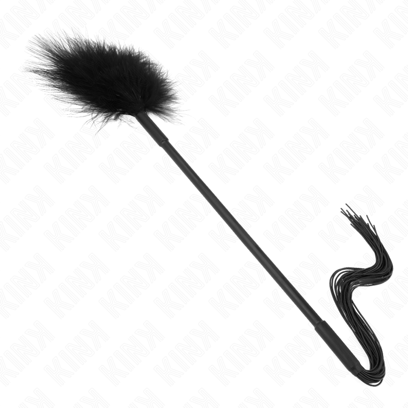 Frusta in silicone KINK con piume per solletico, lunghezza 47 cm, con impugnatura ergonomica, per giochi sensoriali.