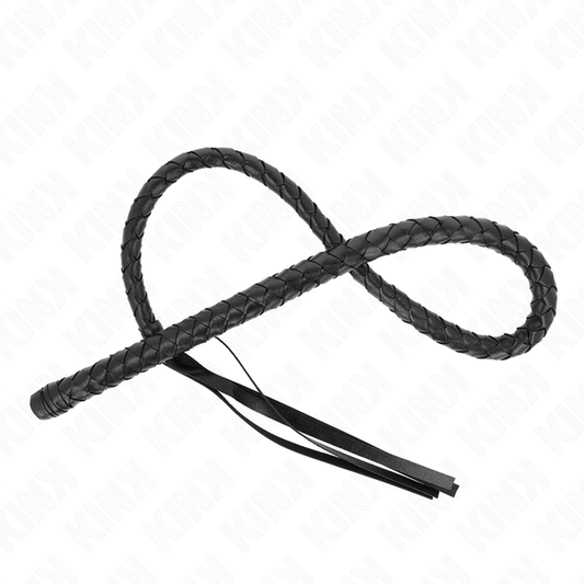 Frusta lunga con perline KINK IMPACT & TOUCH, 110 cm, in pelle nera, con manico e dettagli per sensazioni di stimolazione.