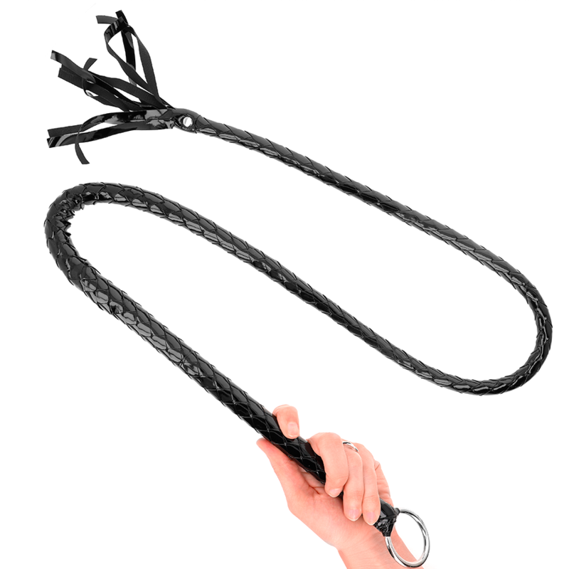 Frusta lunga in PVC lucido KINK IMPACT & TOUCH, 138 cm, con manico nero e superficie lucida e resistente.