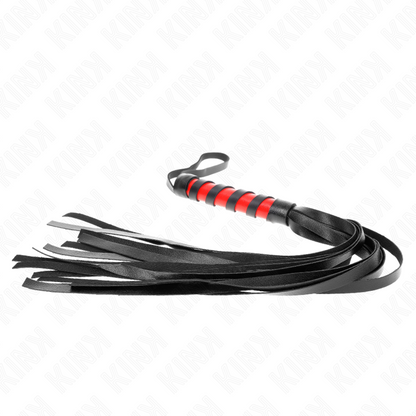Frusta KINK con manico corto da 45 cm, in pelle nera, con dettagli in metallo, per giochi di ruolo e uso sensuale.
