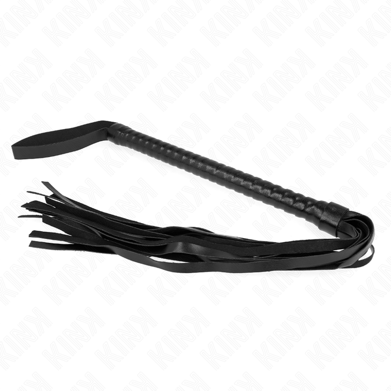 Frusta lunga 60 cm KINK Impact & Touch, con manico resistente, in pelle nera, ideale per giochi di ruolo e disciplina.