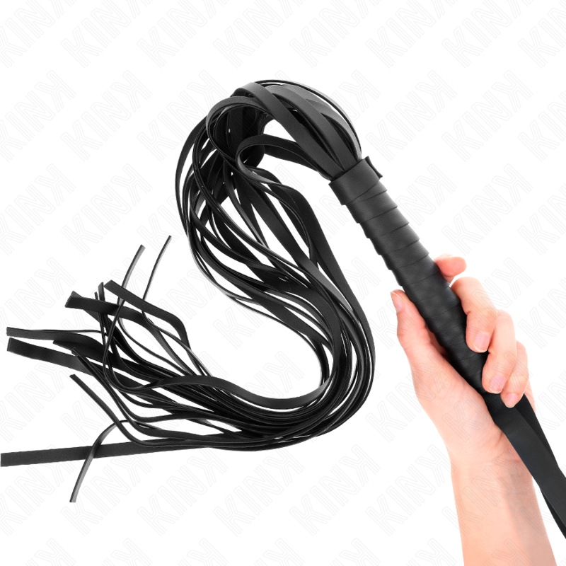 Frusta nera KINK con manico corto e coda lunga 70 cm, impact e touch, per giochi di ruolo e stimolazione sensoriale.