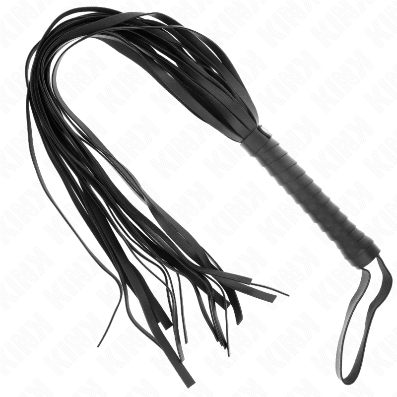 Frusta nera KINK Impact & Touch con manico corto e coda lunga 70 cm, ideale per giochi di ruolo e sensazioni intense.