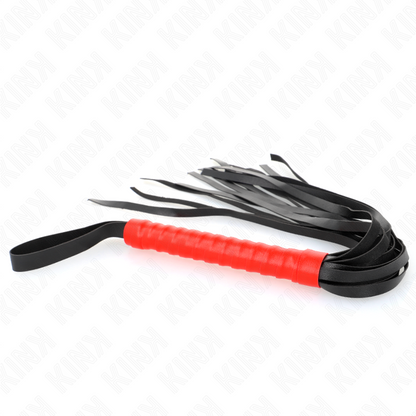 Frusta piccola KINK Impact & Touch, 50 cm, con coda morbida, in pelle nera, dettagli per giochi BDSM e sensoriali