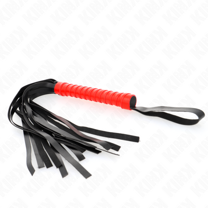 Frusta piccola KINK Impact & Touch, 50 cm, con coda morbida in pelle nera, usata per giochi BDSM e pratiche di dominazione.