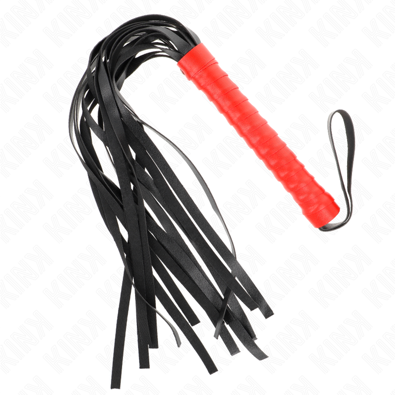 Frusta piccola KINK Impact & Touch, 50 cm con coda morbida, in pelle nera, mostra dettagli della frusta e della coda morbida.