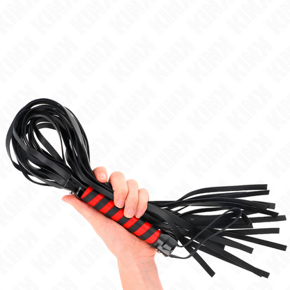 Frusta rigata lunga 70 cm della marca KINK IMPACT & TOUCH, in pelle nera, con manico robusto e dettagli riflettenti.