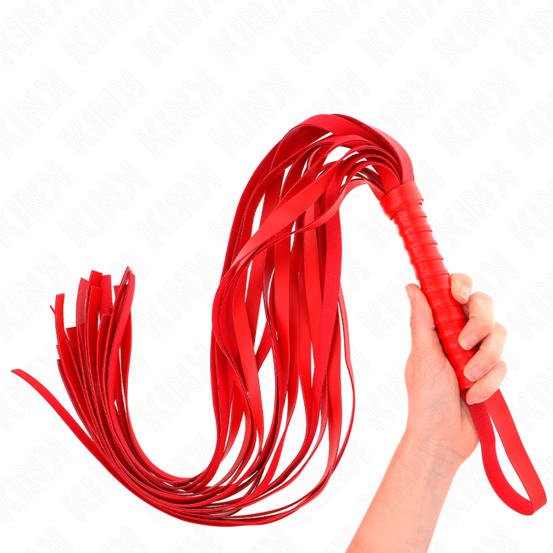 Frusta rossa KINK Impact & Touch con manico corto e coda lunga 70 cm, ideale per giochi di ruolo e disciplina.