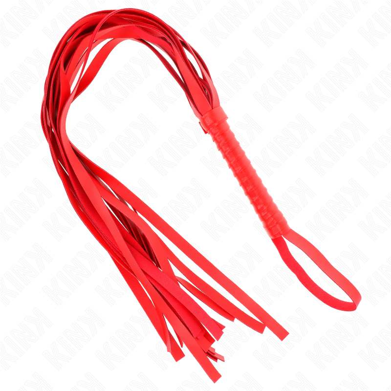 Frusta rossa KINK Impact & Touch con manico corto e coda lunga di 70 cm, visibile immagine con dettagli in pelle.