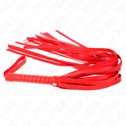 Frusta rossa KINK con manico corto e coda lunga di 70 cm, in pelle resistente per giochi di ruolo e BDSM.