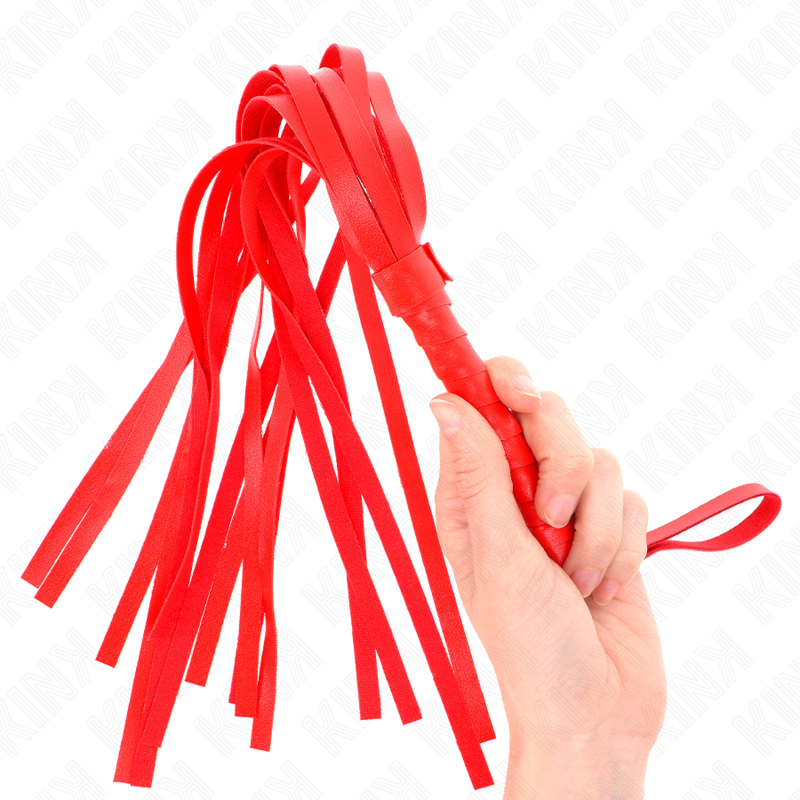 Frusta semplice rossa KINK Impact & Touch, 45 cm, con manico in pelle e frusta in morbido cuoio, usata per giochi BDSM.