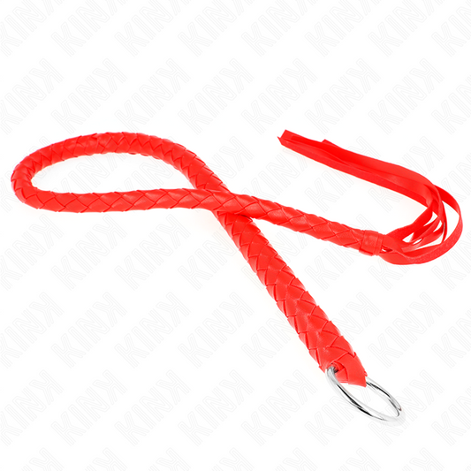 Frusta a serpente con anello, manico rosso, lunghezza 65 cm, marca KINK IMPACT & TOUCH, dettaglio in primo piano.