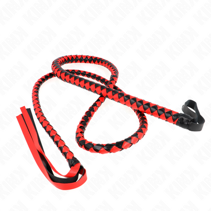 Frusta lunga a serpente rossa KINK IMPACT & TOUCH, 210 cm, con manico nero e finitura in tessuto lucido.