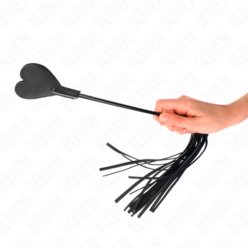 Frusta KINK linea con paddelllo a cuore, lunghezza 35 cm, in pelle nera, con impugnatura ergonomica, per giochi BDSM e bondage