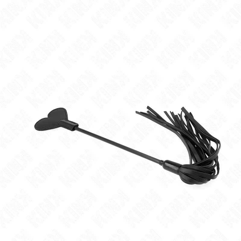 Frusta KINK Impact & Touch con panno a cuore lunga 35 cm, dettagli in pelle e cinturino per giochi di ruolo e impact.