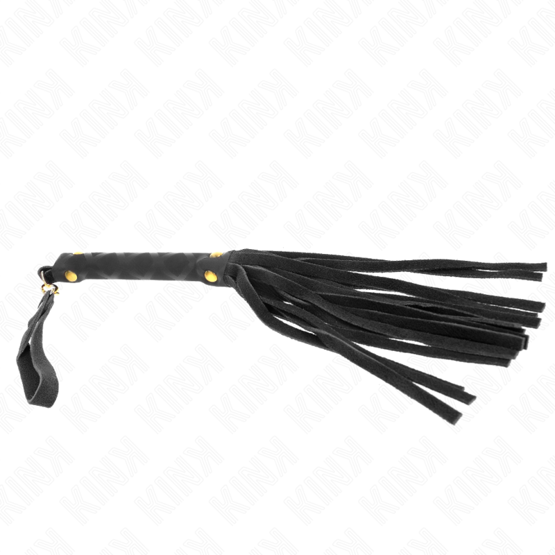 Frusta in camoscio nero KINK MINI da 30 cm, morbida e flessibile, perfetta per giochi di ruolo e sensazioni tattili.